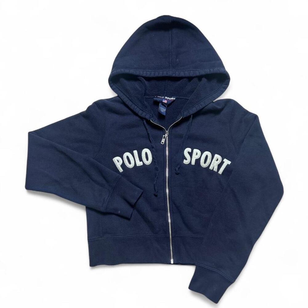Polo Sport Ralph Lauren 90s Vintage  Navy Blue Crop Zip Hoodie Sweatshirt Medium